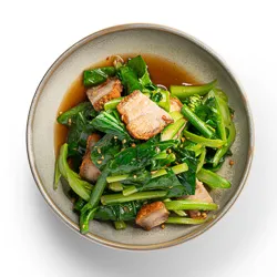 Crispy Pork Belly & Chinese Broccoli - stir fried with garlic and chilli in oyster sauce [GF]